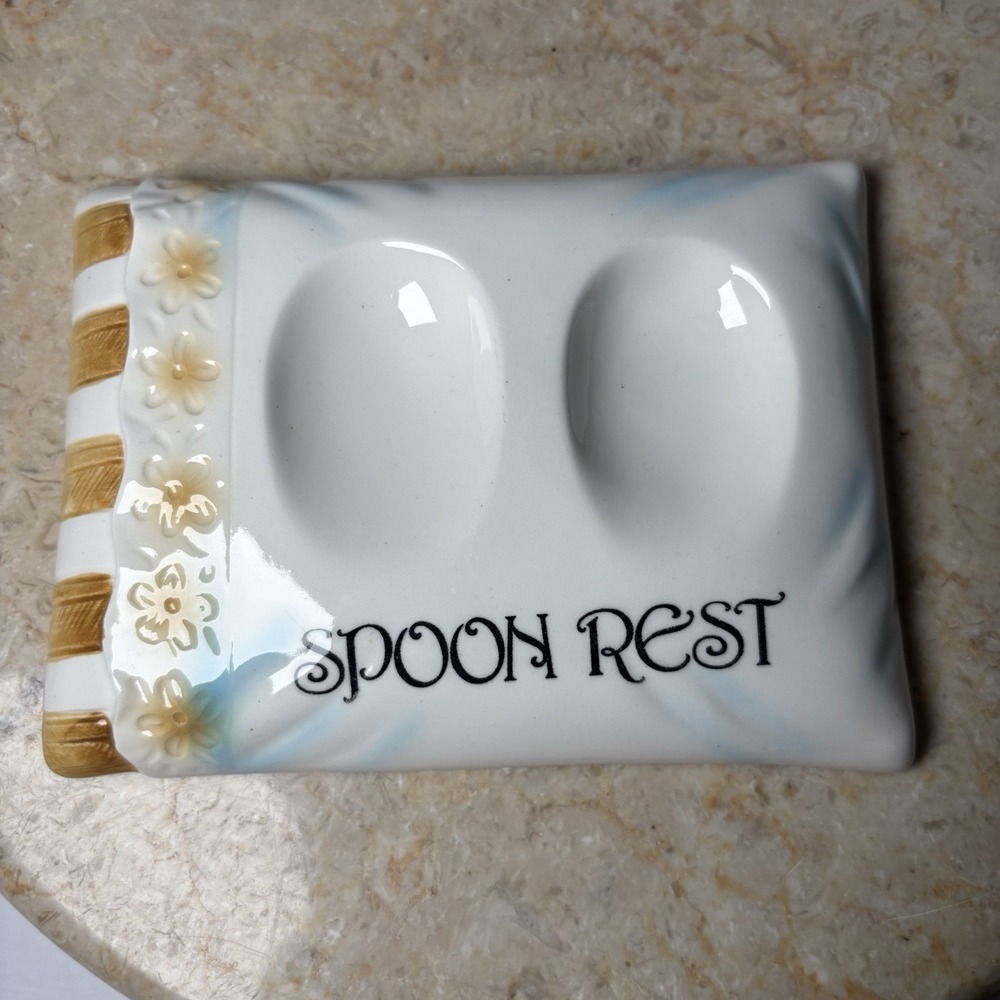 Vintage Enesco Japan Double SPOON REST Plate White Ceramic 6 x 4.5" Excellent‎